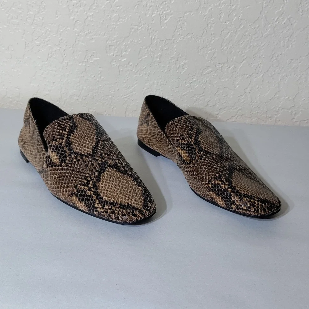 Zara Snakeskin Print Loafers Brown Black Python Pointed Toe Flat Shoes Size 37